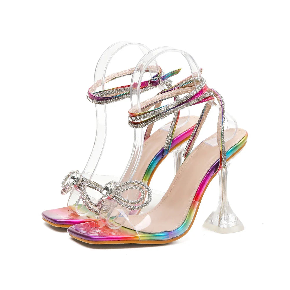 2023 Summer Women Crystal High Heels Sandals Shiny Bow Rhinestone Slippers Party Shoes Rainbow Outdoor Slippers Fashion Women